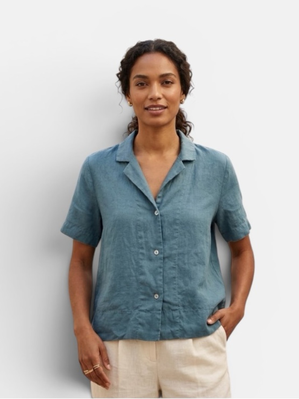 Quince 100% European Linen Short Sleeve Button Up Boxy Top Teal Size Small